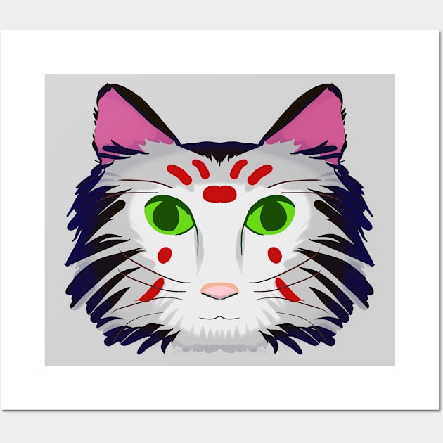 Cat Head Design Version 2 (black, white, red, and green) Wall Art by VixenwithStripes